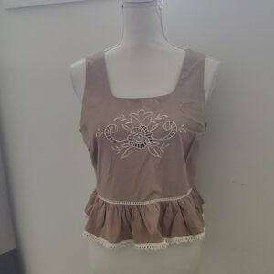 New!Adrianna Papell Sleeveless Peplum Cropped Top Floral Embroidery Lace Taupe